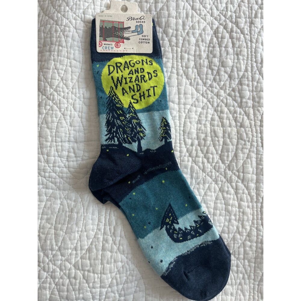 Dragons Wizards & Sh*t Blue Q Crew Socks Womens Shoe Sz 5-10 Fantasy Unique NWT